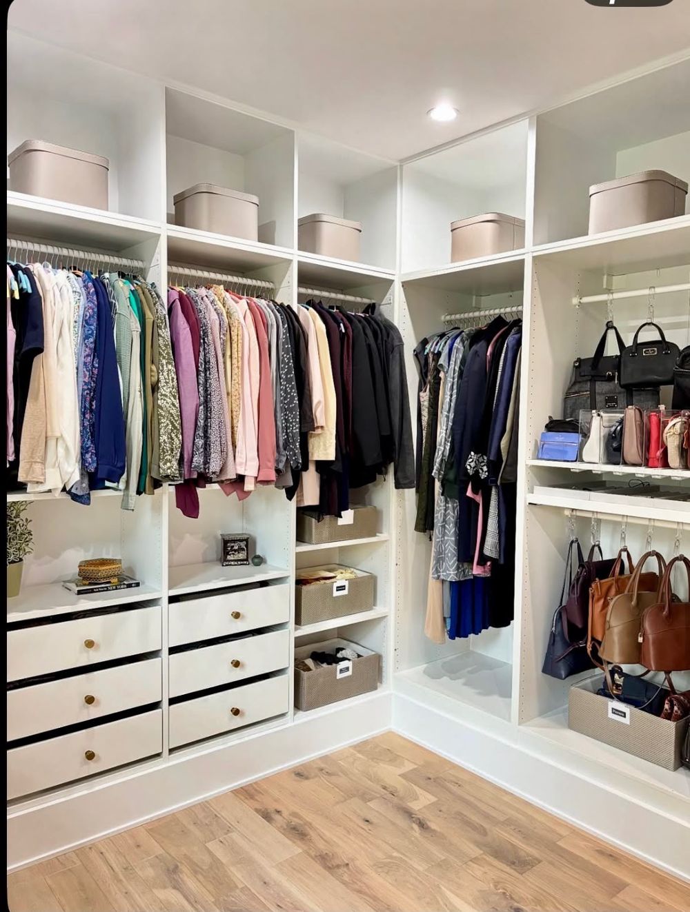 Corner closet with handbag shelves