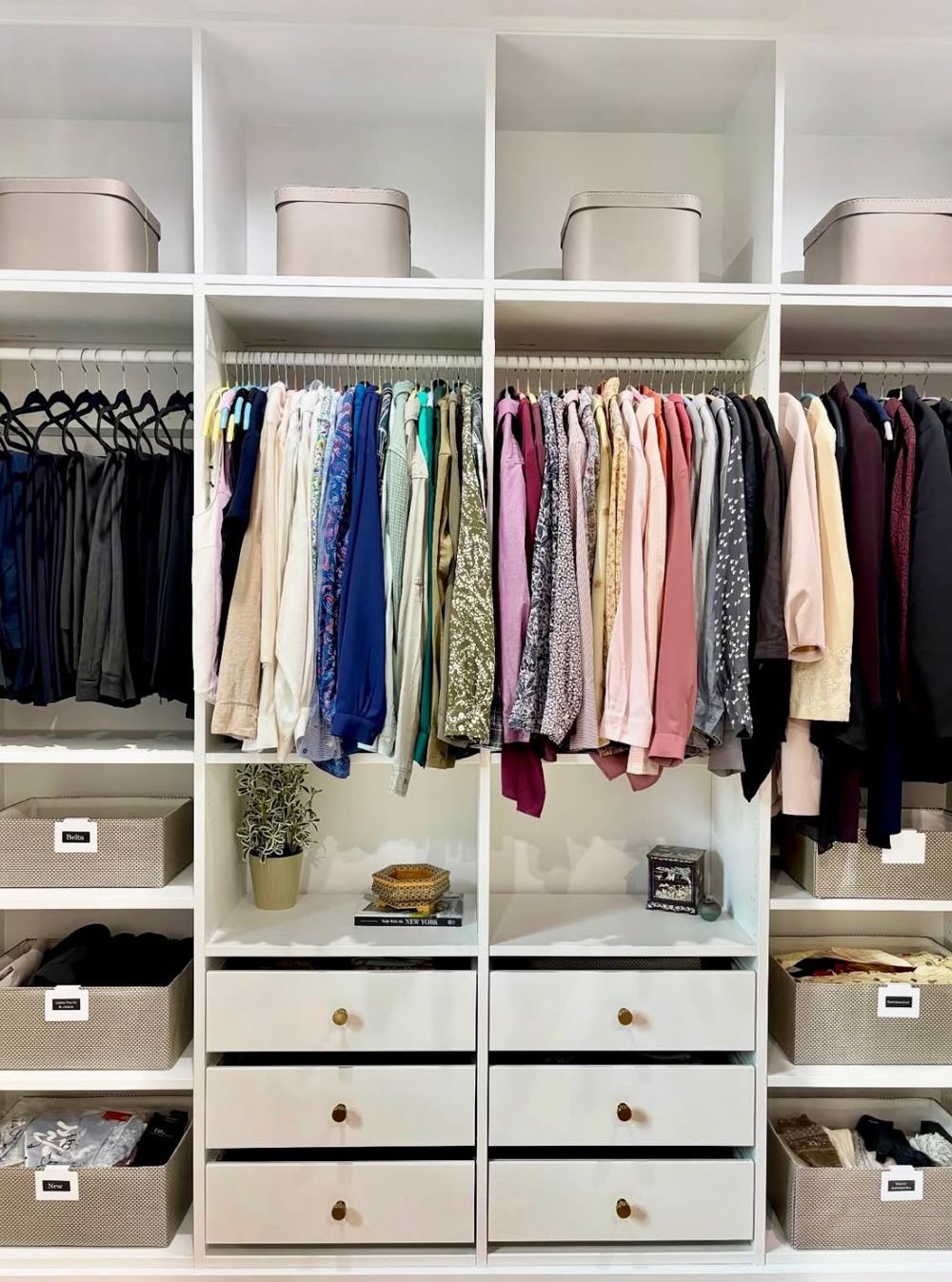 Reach-in closet with labeled bins and white drawers