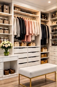 White walk-in closet with shelving, drawers and a velvet bench